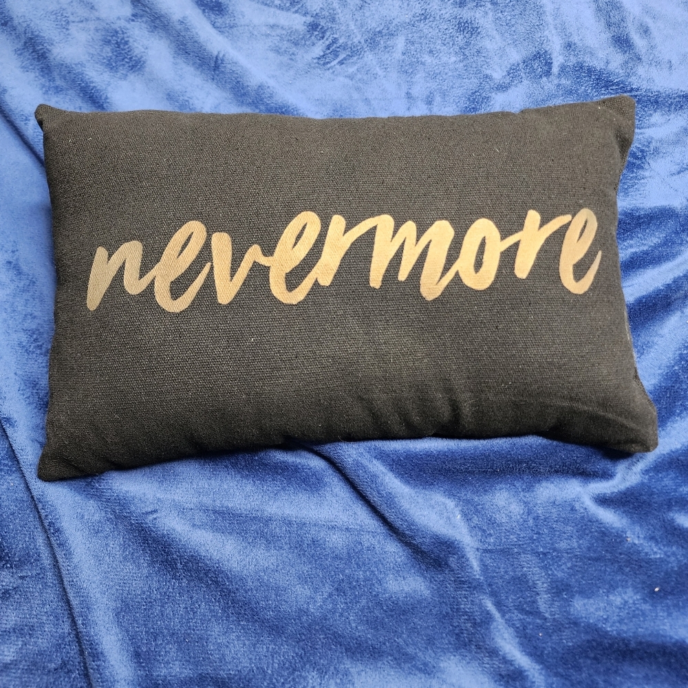 Black Pillow with Gold 'Nevermore' Text Wednesday Netflix Addams Family Gothic